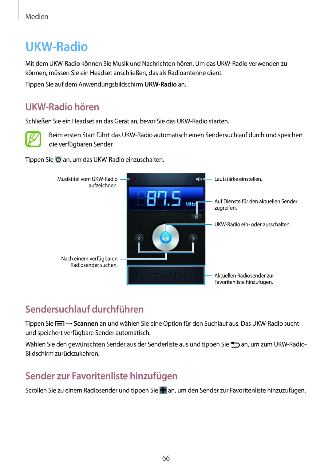 Samsung GT-S6312ZWATPH manual UKW-Radio hören, Sendersuchlauf durchführen, Sender zur Favoritenliste hinzufügen 