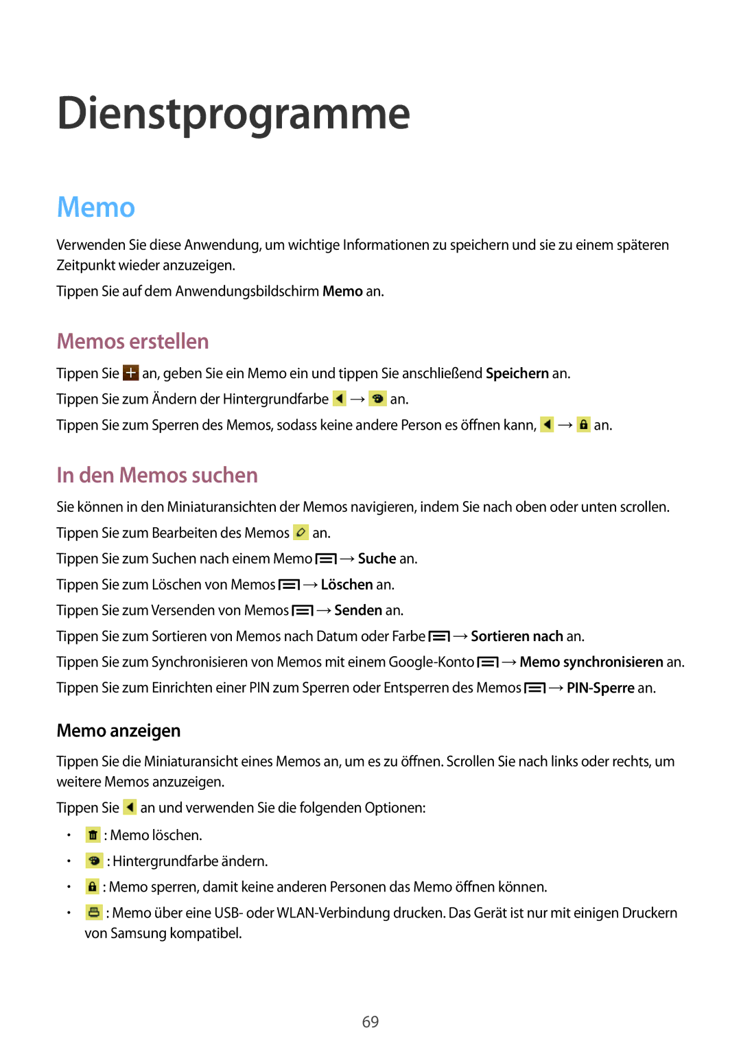 Samsung GT-S6312DBADBT, GT-S6312ZWATPH, GT2S6312ZWADBT manual Dienstprogramme, Memos erstellen, Den Memos suchen 