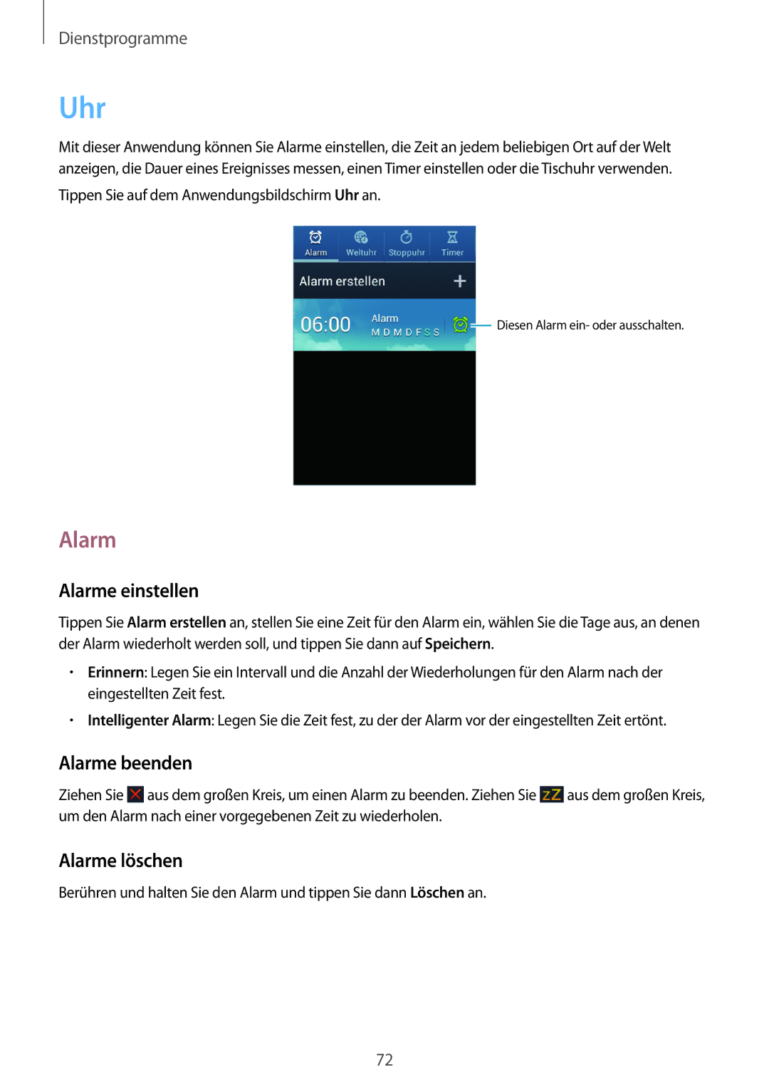 Samsung GT-S6312ZWATPH, GT2S6312ZWADBT, GT2S6312DBADBT manual Uhr, Alarme einstellen, Alarme beenden, Alarme löschen 