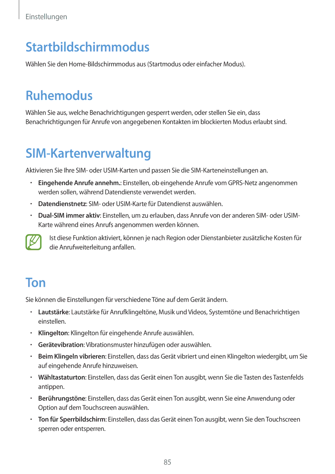 Samsung GT2S6312ZWADBT, GT-S6312ZWATPH, GT2S6312DBADBT manual Startbildschirmmodus, Ruhemodus, SIM-Kartenverwaltung, Ton 