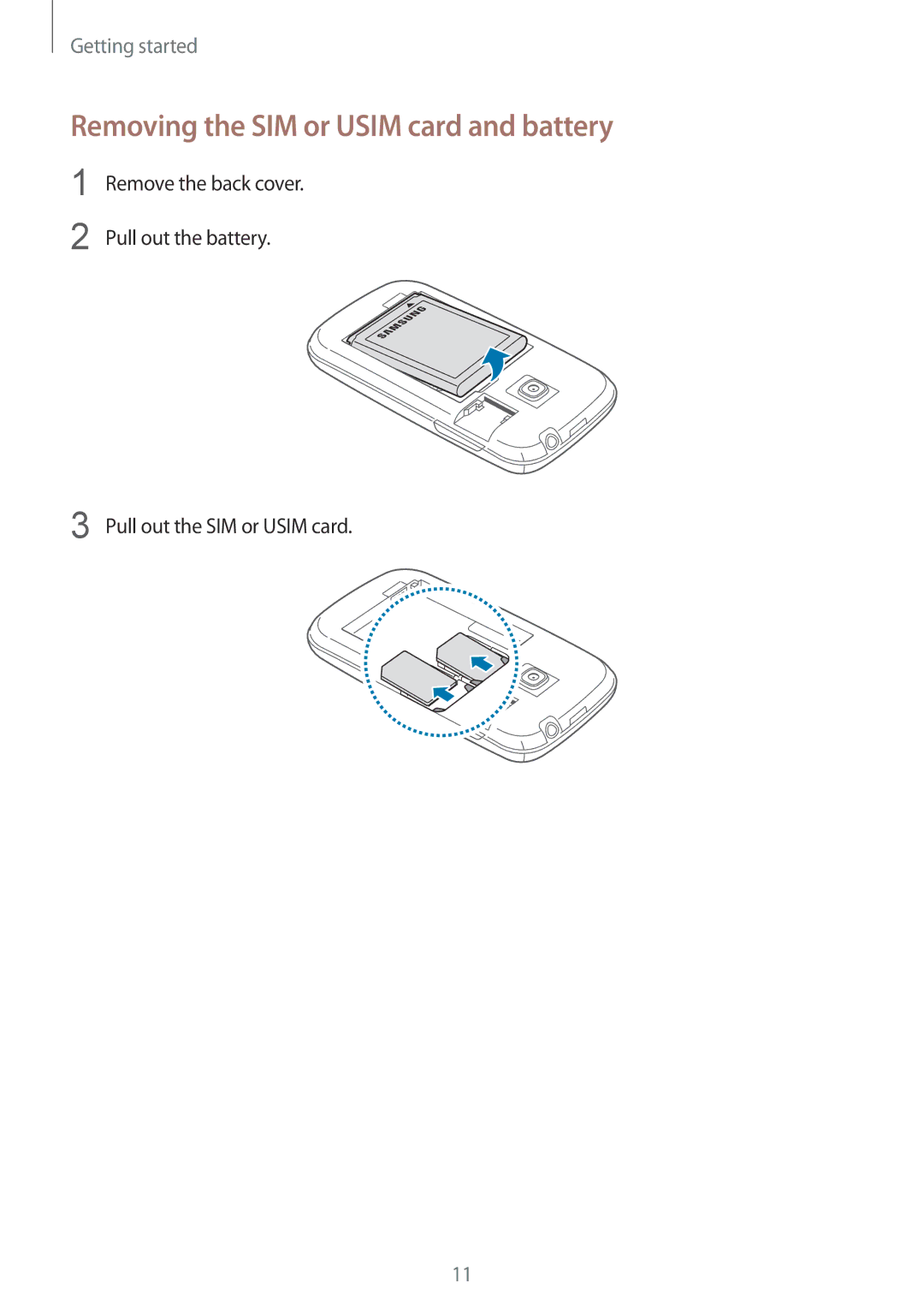 Samsung GT-S6312WRABGL, GT-S6312ZWATPH, GT2S6312ZWADBT, GT2S6312DBADBT manual Removing the SIM or Usim card and battery 