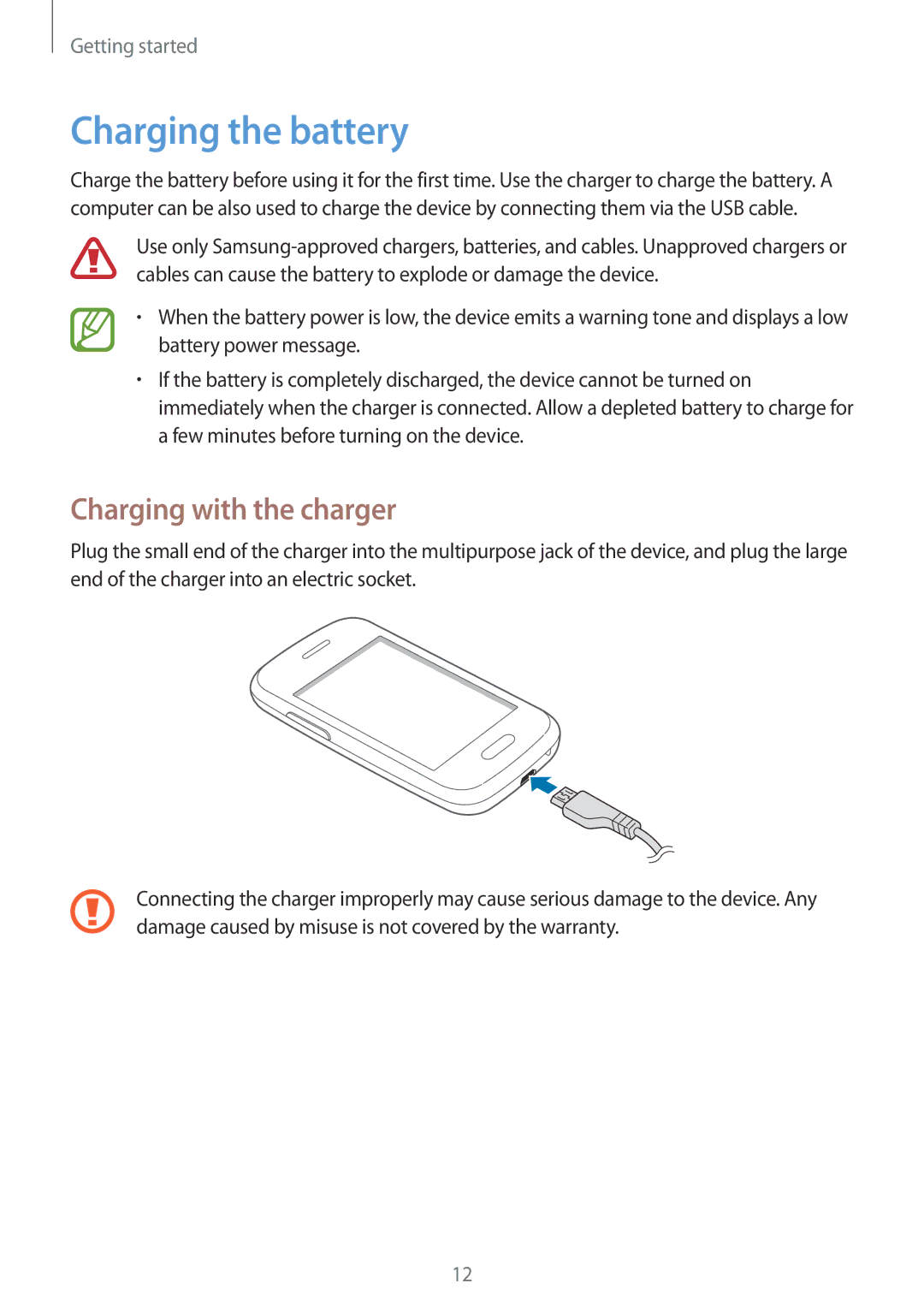 Samsung GT-S6312DBABGL, GT-S6312ZWATPH, GT2S6312ZWADBT, GT2S6312DBADBT manual Charging the battery, Charging with the charger 