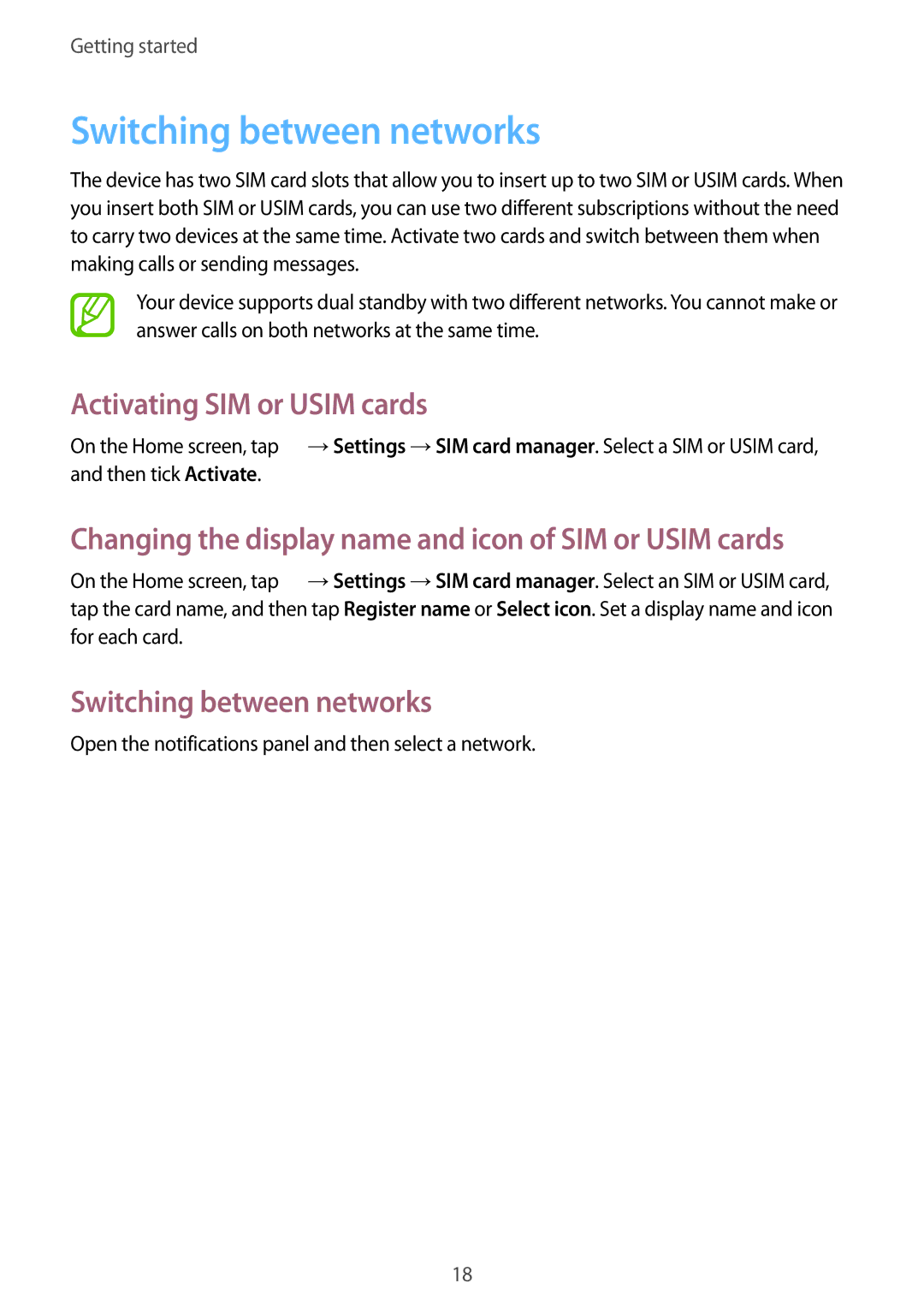 Samsung GT-S6312DBATRA, GT-S6312ZWATPH, GT2S6312ZWADBT manual Switching between networks, Activating SIM or Usim cards 