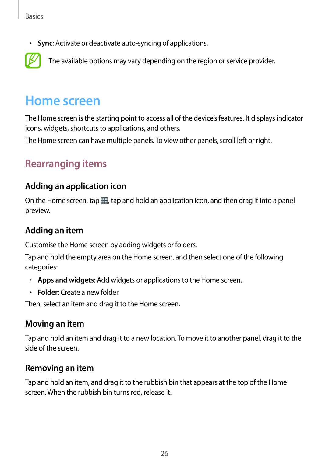 Samsung GT-S6312DBADBT, GT-S6312ZWATPH, GT2S6312ZWADBT, GT2S6312DBADBT, GT-S6312DBATPH manual Home screen, Rearranging items 