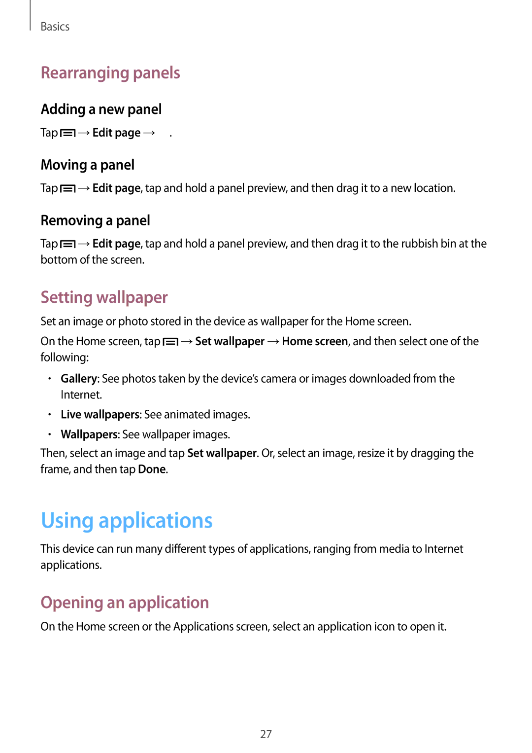 Samsung GT-S6312DBATPH, GT-S6312ZWATPH Using applications, Rearranging panels, Setting wallpaper, Opening an application 