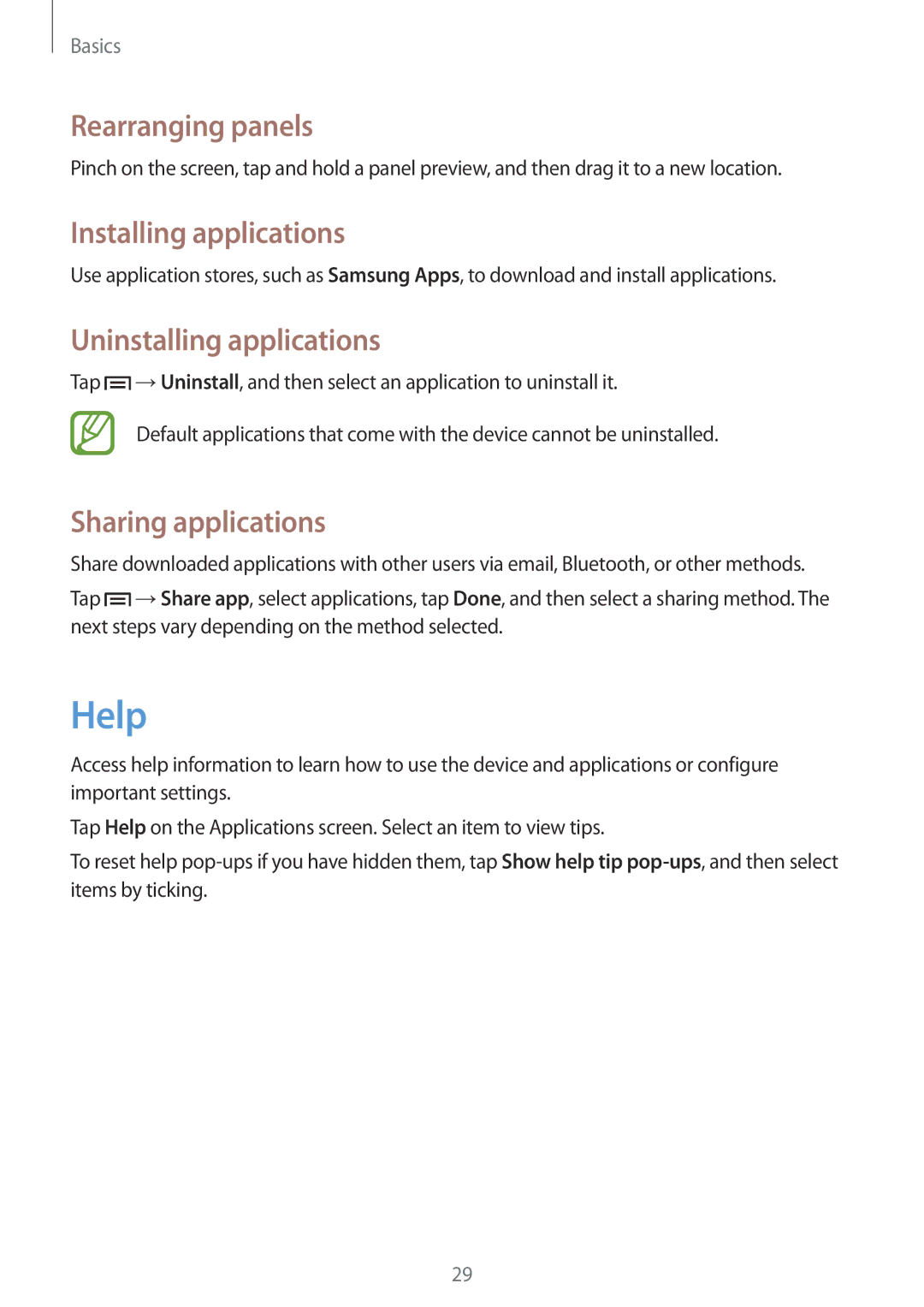 Samsung GT-S6312DBAMRT, GT-S6312ZWATPH manual Help, Installing applications, Uninstalling applications, Sharing applications 