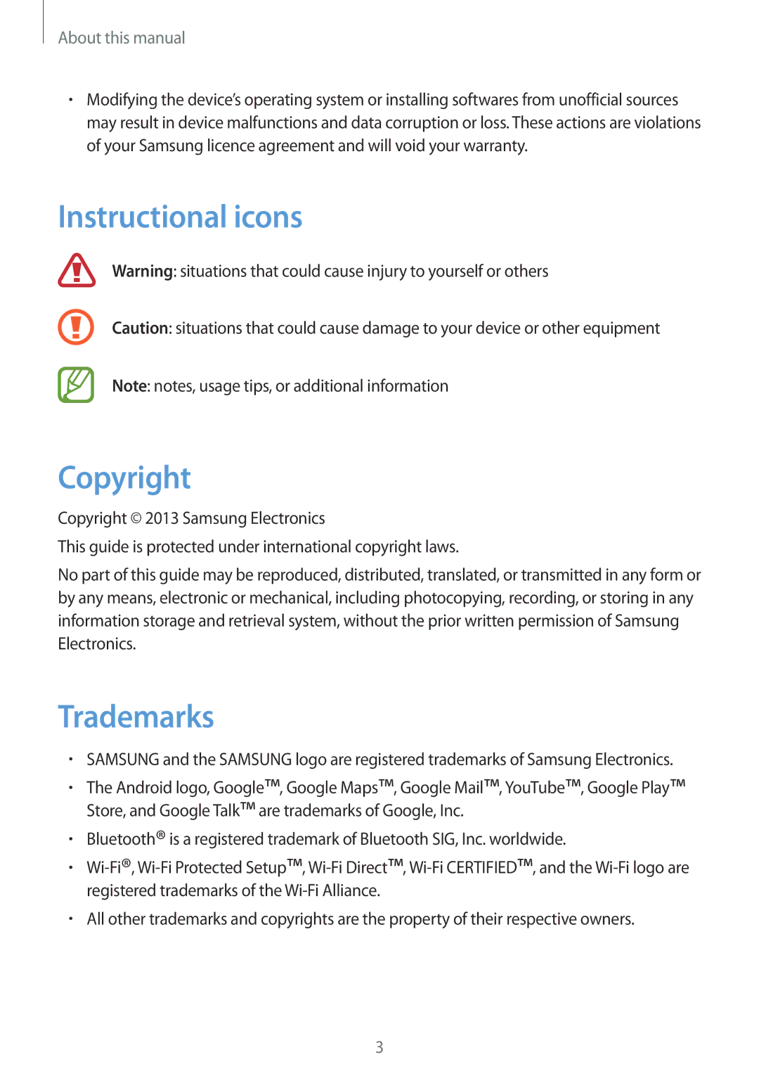 Samsung GT-S6312DBADBT, GT-S6312ZWATPH, GT2S6312ZWADBT, GT2S6312DBADBT manual Instructional icons Copyright, Trademarks 