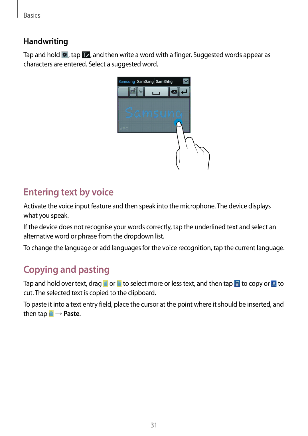 Samsung GT-S6312ZWAKSA, GT-S6312ZWATPH, GT2S6312ZWADBT manual Entering text by voice, Copying and pasting, Handwriting 