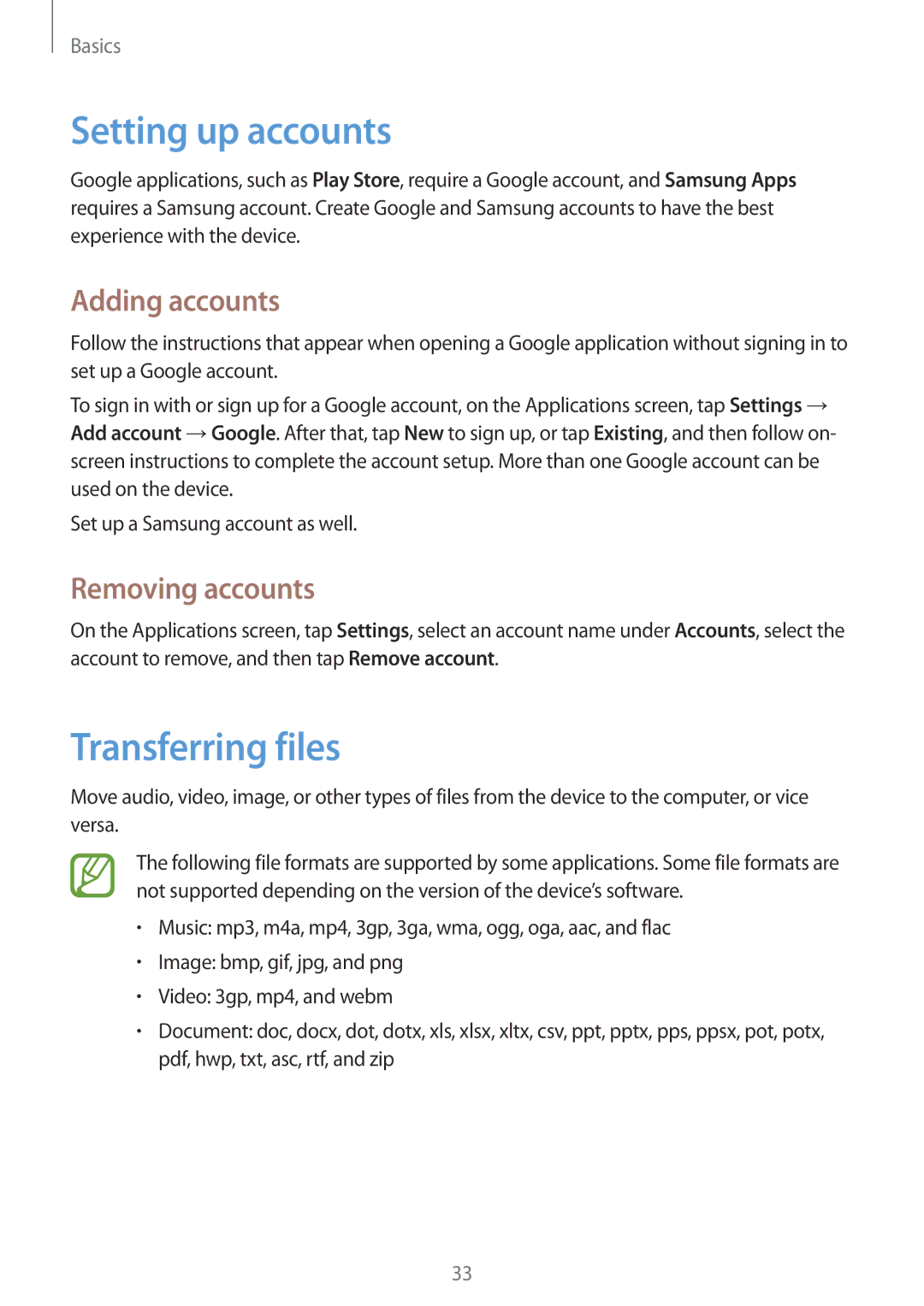 Samsung GT2S6312ZWABGL, GT-S6312ZWATPH manual Setting up accounts, Transferring files, Adding accounts, Removing accounts 