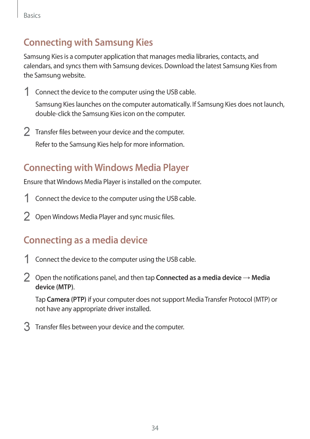 Samsung GT-S6312WRABGL Connecting with Samsung Kies, Connecting with Windows Media Player, Connecting as a media device 