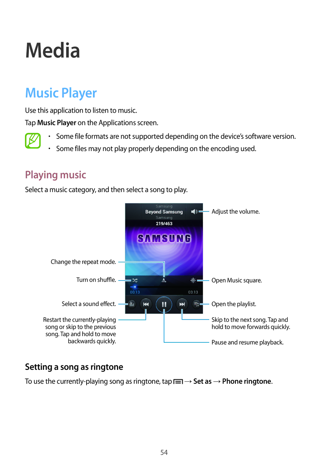 Samsung GT-S6312ZWAKSA manual Media, Music Player, Playing music, Setting a song as ringtone, →Set as →Phone ringtone 