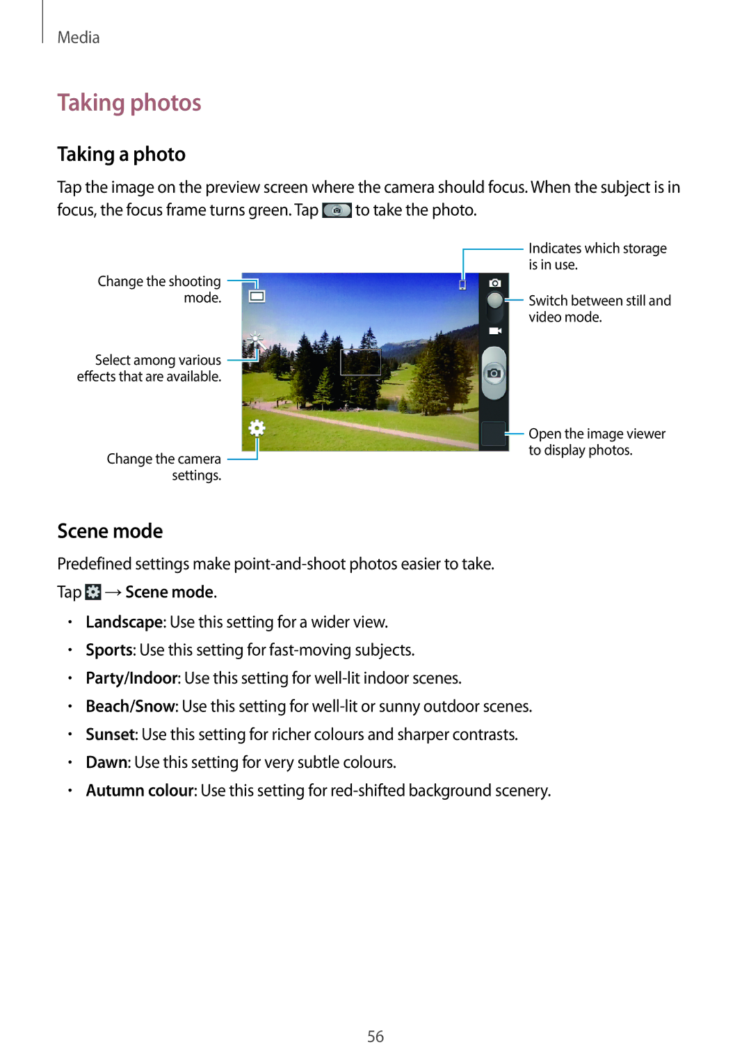Samsung GT2S6312ZWABGL, GT-S6312ZWATPH, GT2S6312ZWADBT, GT2S6312DBADBT manual Taking photos, Taking a photo, Scene mode 