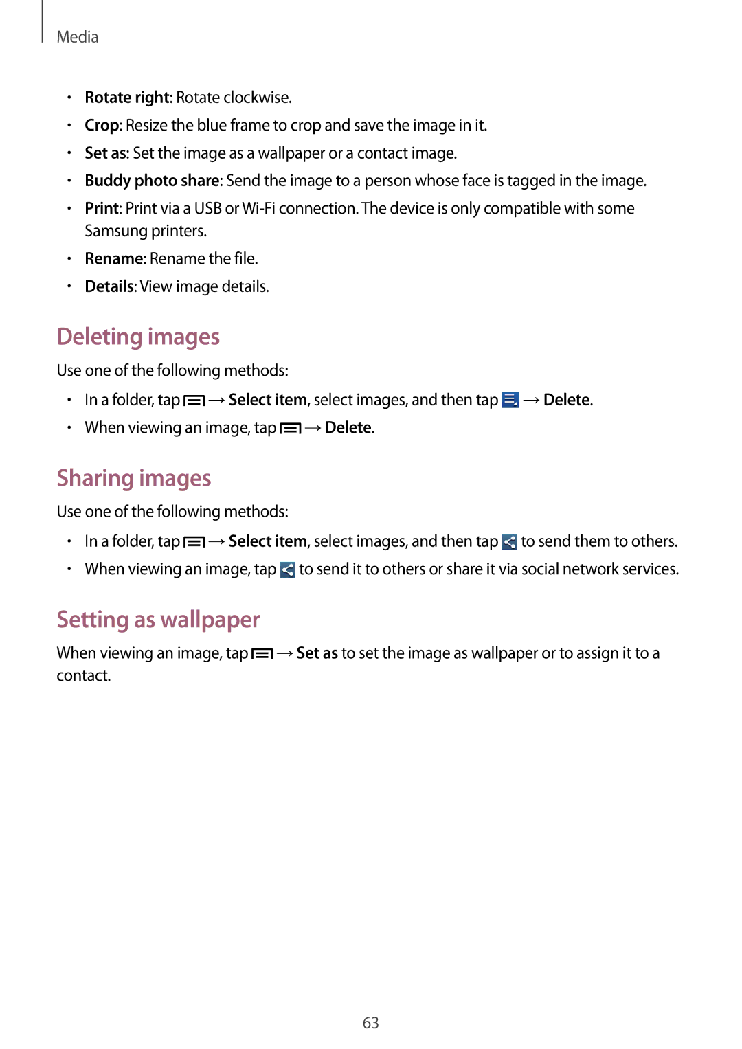 Samsung GT2S6312WRATRA, GT-S6312ZWATPH, GT2S6312ZWADBT, GT2S6312DBADBT Deleting images, Sharing images, Setting as wallpaper 