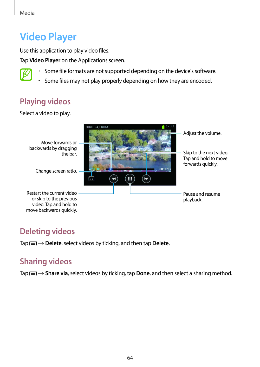 Samsung GT-S6312DBATRA, GT-S6312ZWATPH, GT2S6312ZWADBT, GT2S6312DBADBT manual Video Player, Deleting videos, Sharing videos 