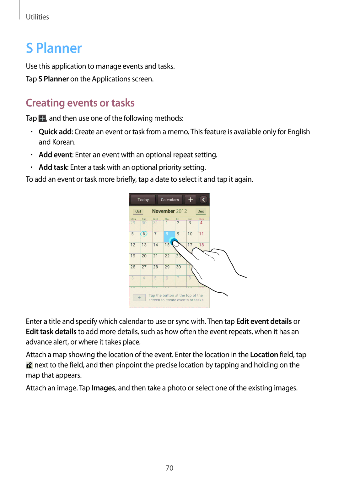 Samsung GT2S6312ZWADBT, GT-S6312ZWATPH, GT2S6312DBADBT, GT-S6312DBADBT, GT-S6312DBATPH manual Planner, Creating events or tasks 