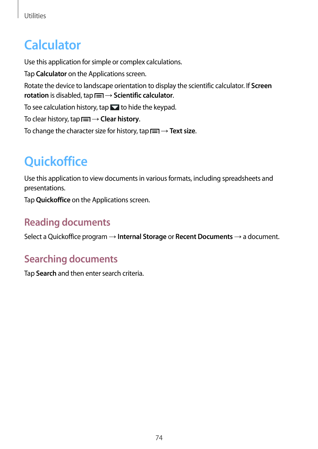 Samsung GT-S6312ZWADBT, GT-S6312ZWATPH, GT2S6312ZWADBT manual Calculator, Quickoffice, Reading documents, Searching documents 