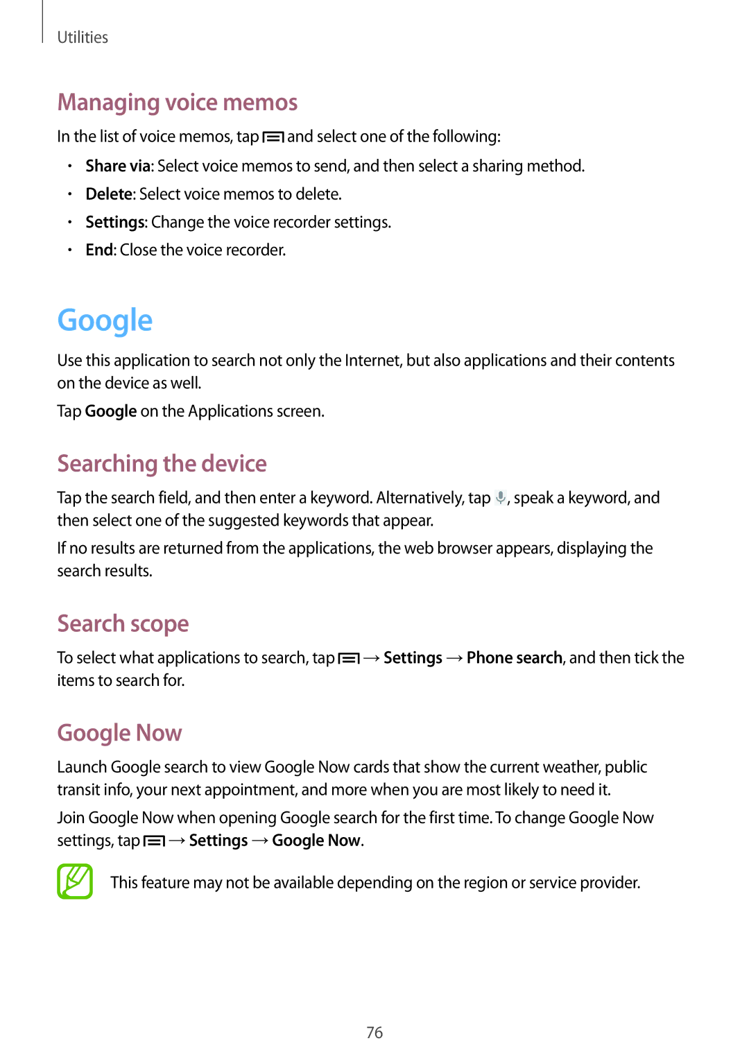 Samsung GT-S6312DBAKSA, GT-S6312ZWATPH manual Managing voice memos, Searching the device, Search scope, Google Now 