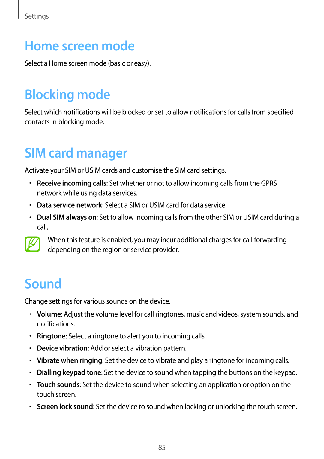 Samsung GT2S6312DBATRA, GT-S6312ZWATPH, GT2S6312ZWADBT manual Home screen mode, Blocking mode, SIM card manager, Sound 