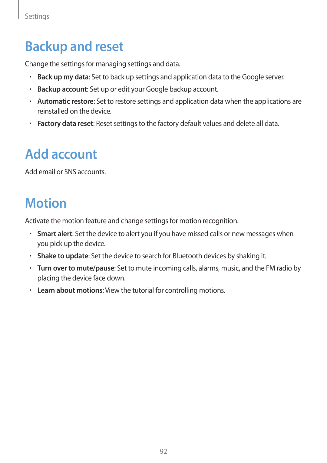 Samsung GT-S6312ZWATPH, GT2S6312ZWADBT, GT2S6312DBADBT, GT-S6312DBADBT, GT-S6312DBATPH Backup and reset, Add account, Motion 