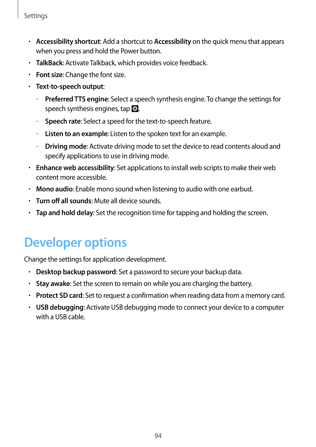 Samsung GT2S6312DBADBT, GT-S6312ZWATPH, GT2S6312ZWADBT, GT-S6312DBADBT manual Developer options, Text-to-speech output 