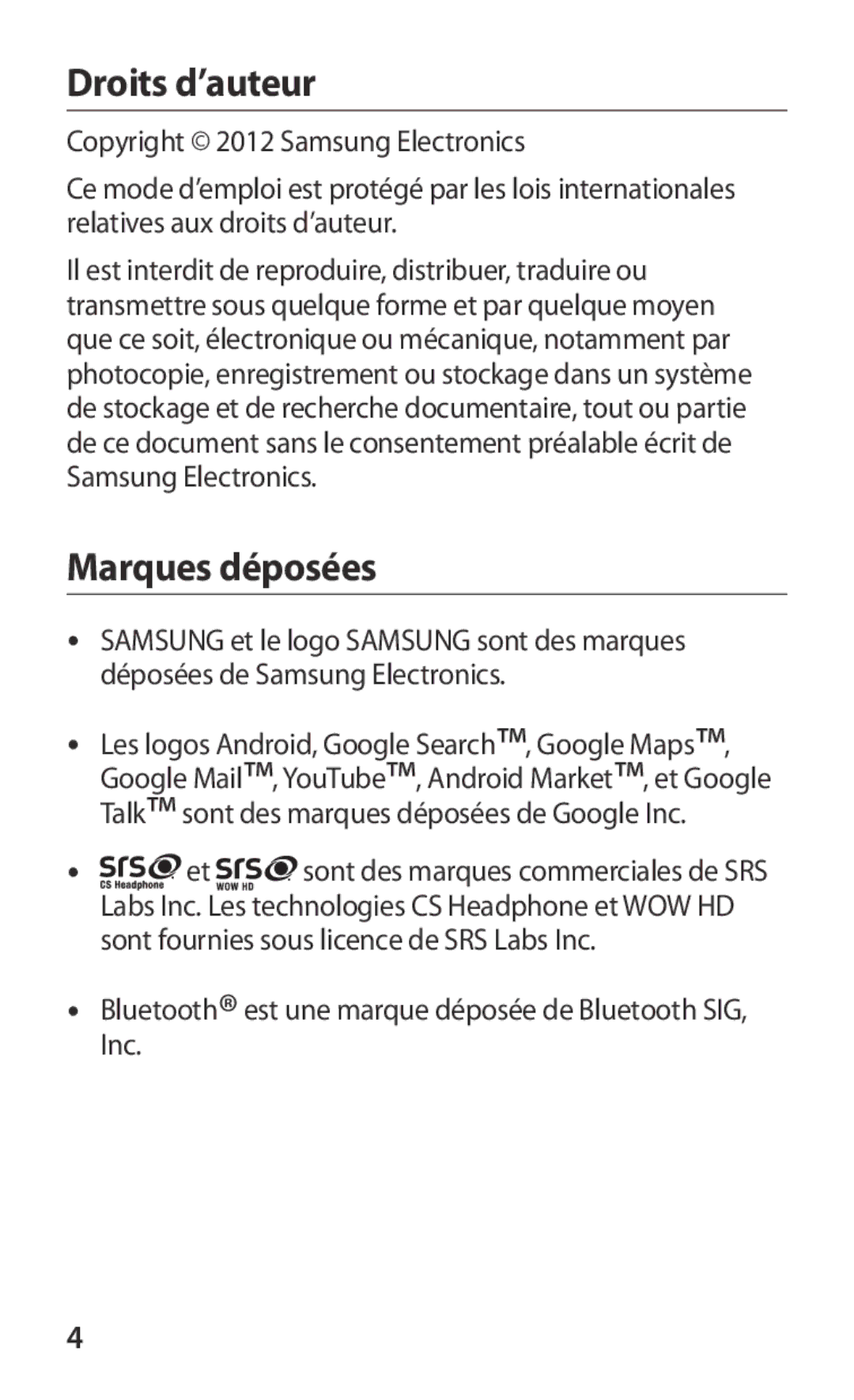 Samsung GT-S6500XKAFTM, GT-S6500HAAXEF, GT-S6500XKSNRJ, GT-S6500ZYAXEF, GT-S6500ZYAFTM manual Droits d’auteur, Marques déposées 