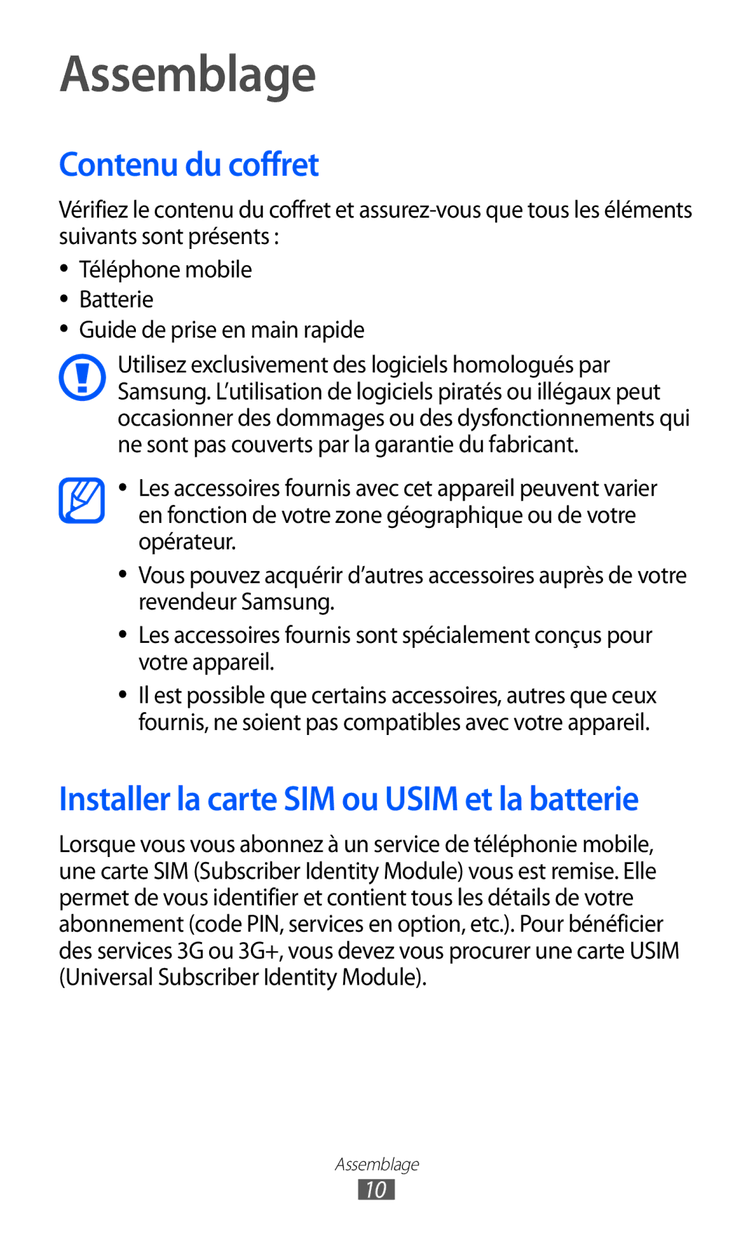 Samsung GT-S6500XKSNRJ, GT-S6500HAAXEF, GT-S6500ZYAXEF, GT-S6500ZYAFTM, GT-S6500XKAFTM manual Assemblage, Contenu du coffret 