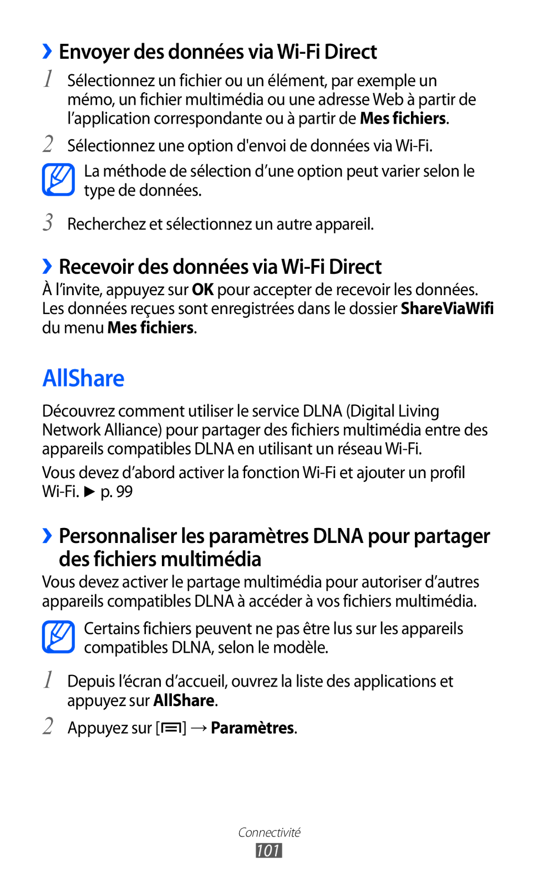 Samsung GT-S6500ZYAXEF AllShare, ››Envoyer des données via Wi-Fi Direct, ››Recevoir des données via Wi-Fi Direct, 101 