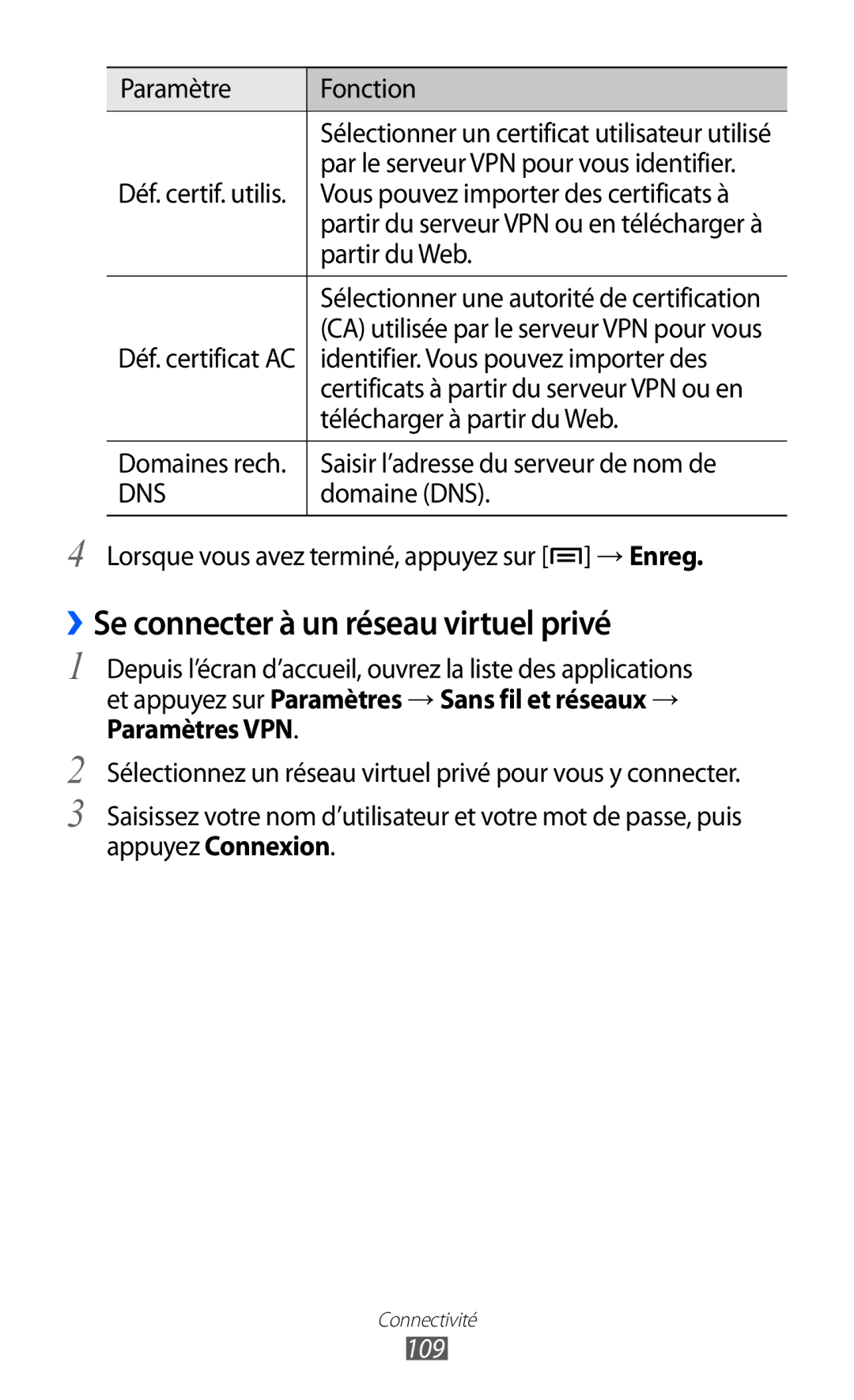 Samsung GT-S6500XKSNRJ, GT-S6500HAAXEF, GT-S6500ZYAXEF, GT-S6500ZYAFTM manual ››Se connecter à un réseau virtuel privé, 109 