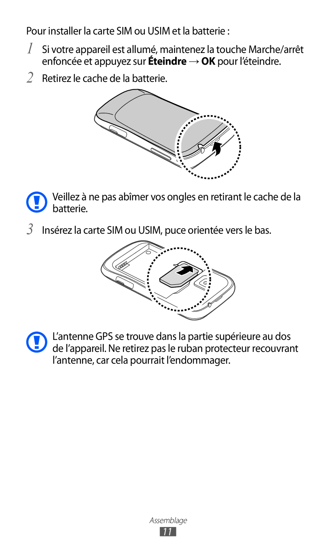 Samsung GT-S6500ZYAXEF, GT-S6500HAAXEF, GT-S6500XKSNRJ, GT-S6500ZYAFTM Pour installer la carte SIM ou Usim et la batterie 