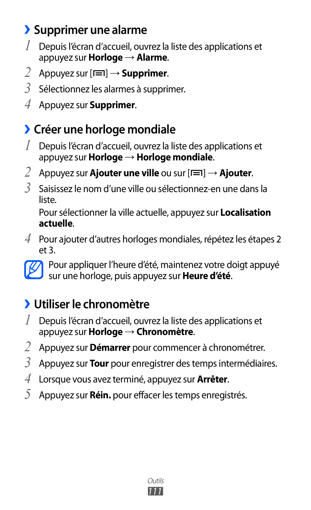 Samsung GT-S6500ZYAFTM manual ››Supprimer une alarme, ››Créer une horloge mondiale, ››Utiliser le chronomètre, 111 