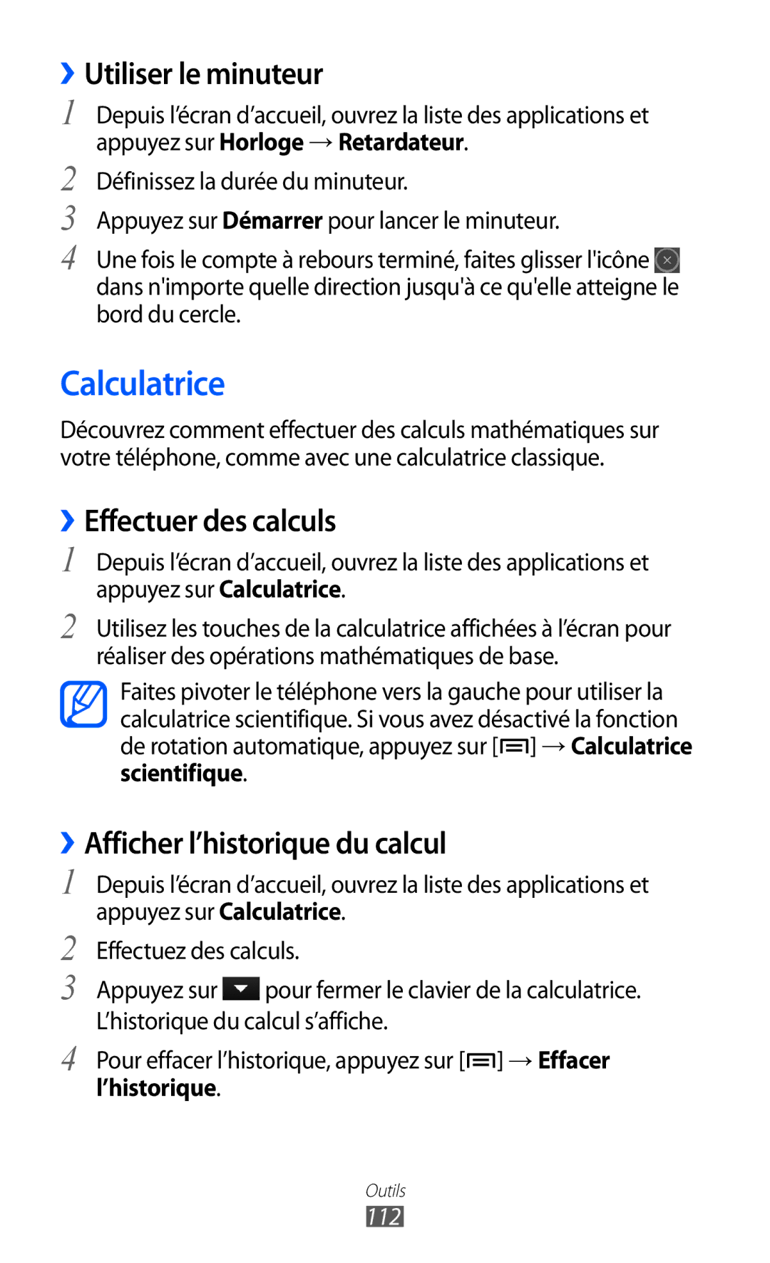 Samsung GT-S6500XKAFTM Calculatrice, ››Utiliser le minuteur, ››Effectuer des calculs, ››Afficher l’historique du calcul 