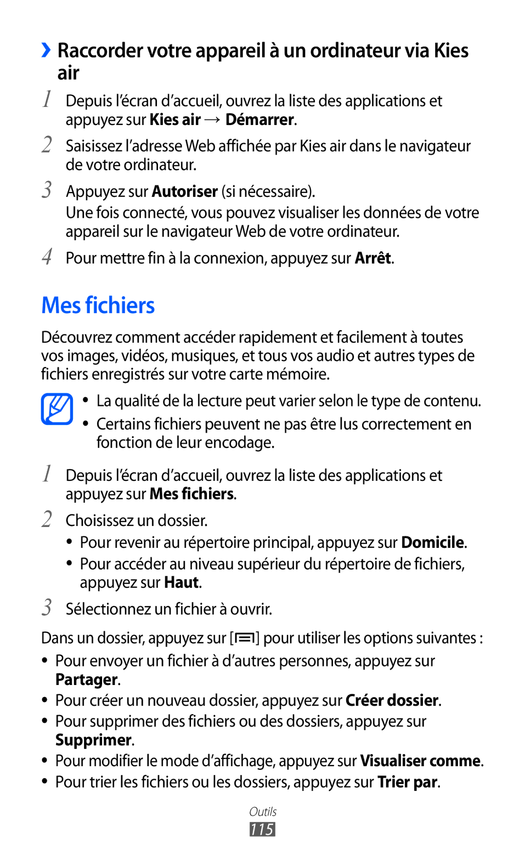 Samsung GT-S6500ZYASFR, GT-S6500HAAXEF manual Mes fichiers, ››Raccorder votre appareil à un ordinateur via Kies air, 115 