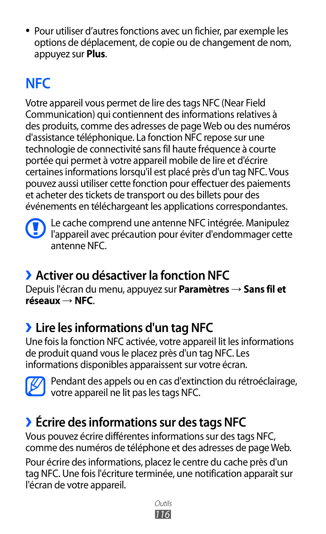 Samsung GT-S6500XKSFTM ››Activer ou désactiver la fonction NFC, ››Lire les informations dun tag NFC, Réseaux → NFC, 116 