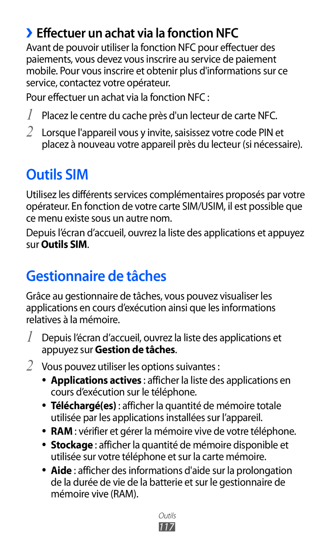 Samsung GT-S6500HAAXEF, GT-S6500XKSNRJ Outils SIM, Gestionnaire de tâches, ››Effectuer un achat via la fonction NFC, 117 