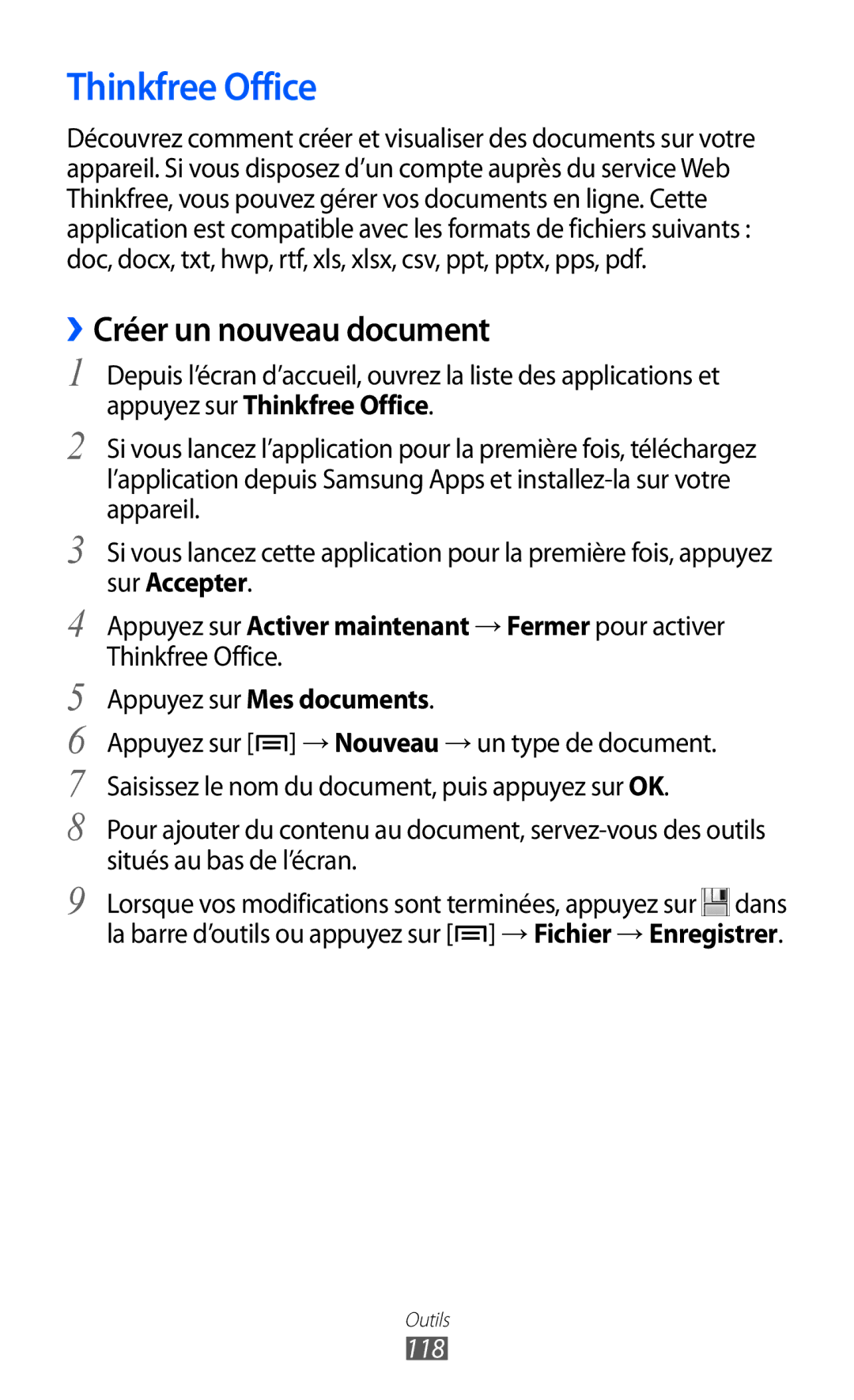 Samsung GT-S6500XKSNRJ, GT-S6500HAAXEF, GT-S6500ZYAXEF, GT-S6500ZYAFTM Thinkfree Office, ››Créer un nouveau document, 118 