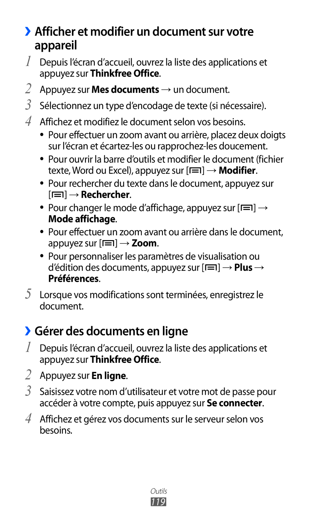 Samsung GT-S6500ZYAXEF manual ››Afficher et modifier un document sur votre appareil, ››Gérer des documents en ligne, 119 