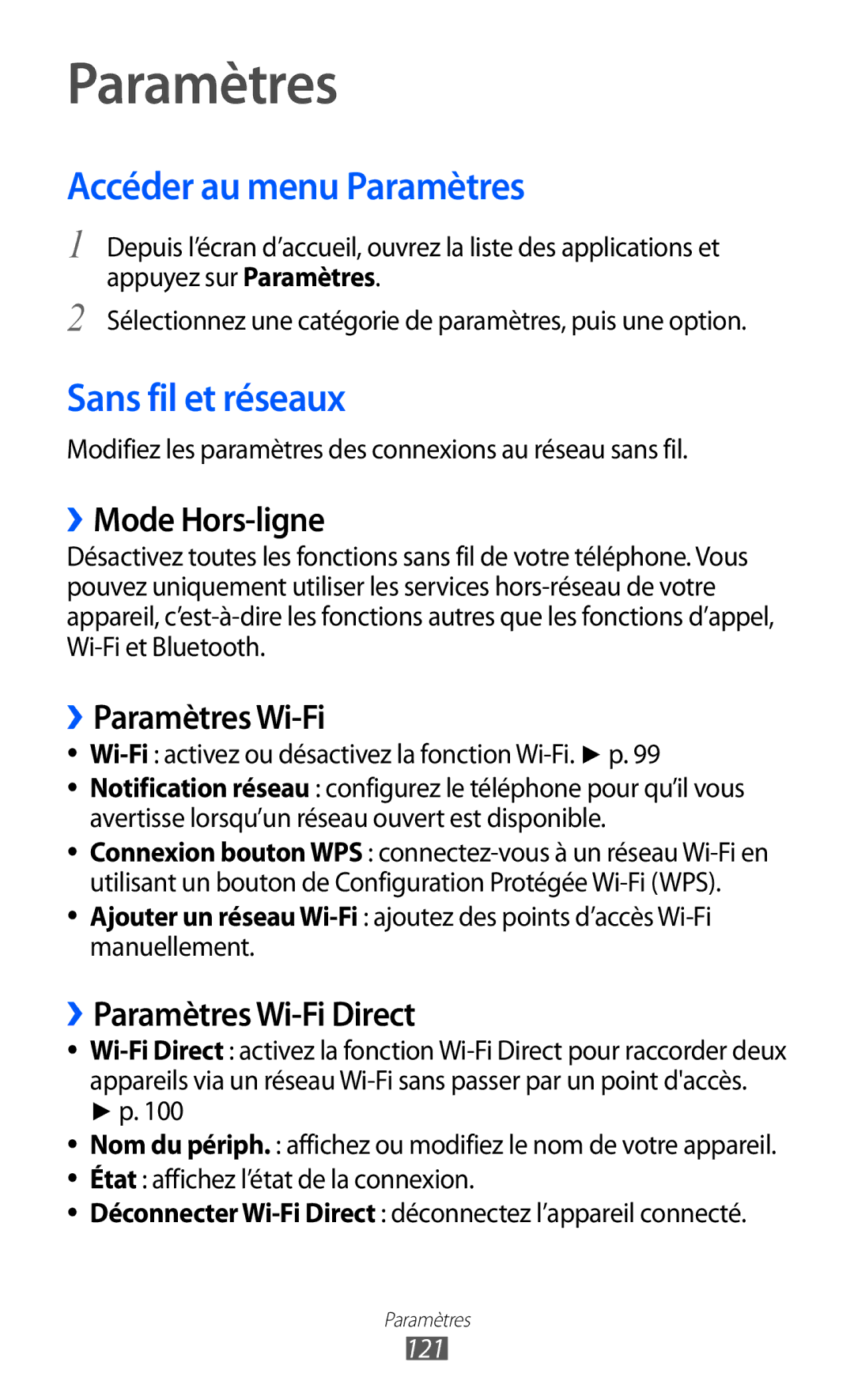 Samsung GT-S6500XKAFTM, GT-S6500HAAXEF, GT-S6500XKSNRJ, GT-S6500ZYAXEF Accéder au menu Paramètres, Sans fil et réseaux 