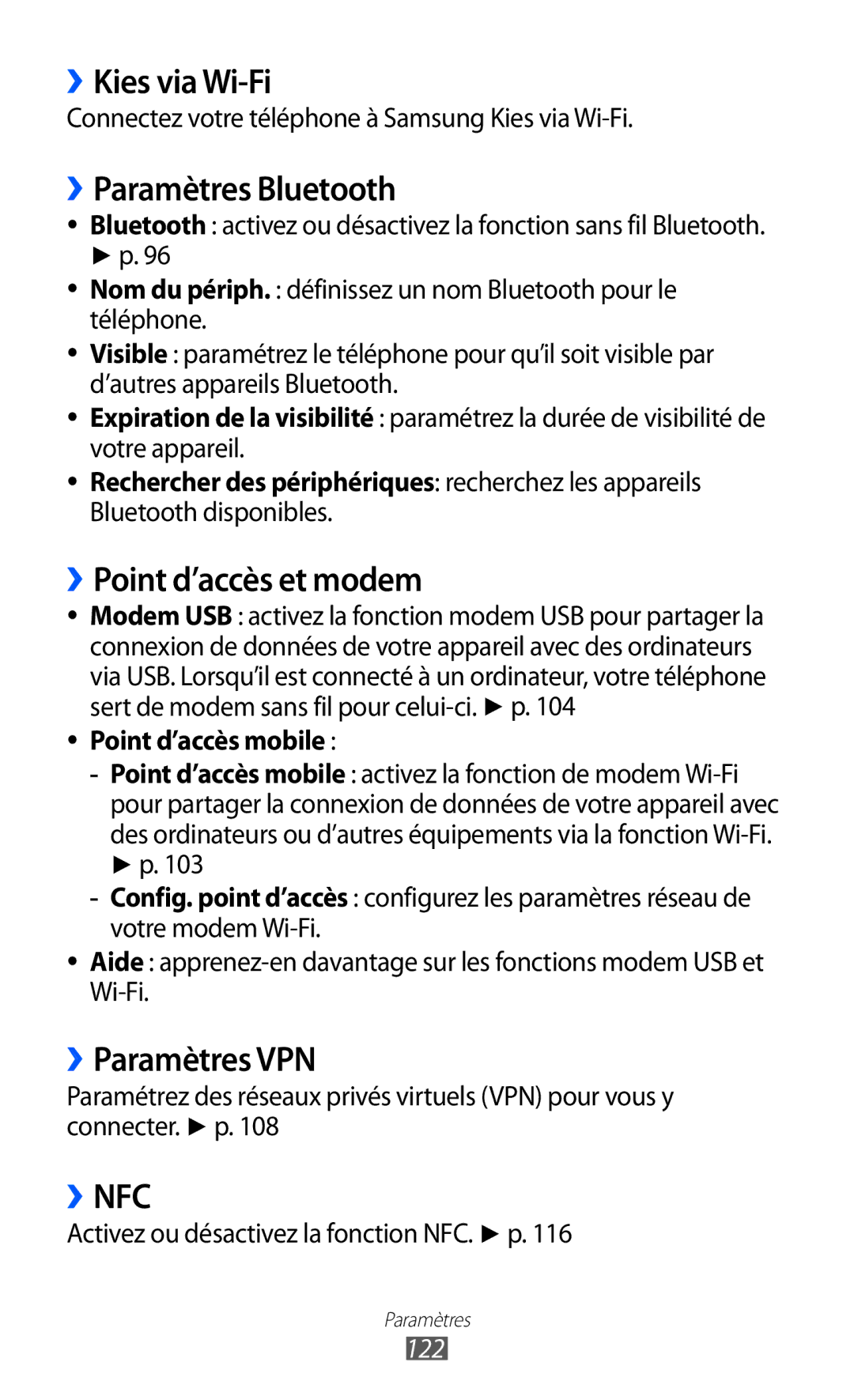 Samsung GT-S6500XKSXEF manual ››Kies via Wi-Fi, ››Paramètres Bluetooth, ››Point d’accès et modem, ››Paramètres VPN 