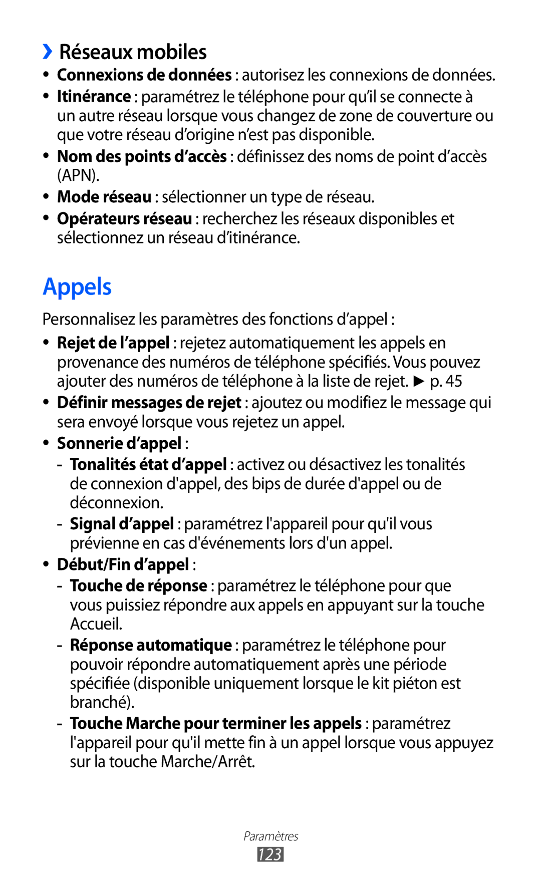 Samsung GT-S6500HAASFR manual ››Réseaux mobiles, Personnalisez les paramètres des fonctions d’appel, Sonnerie d’appel, 123 
