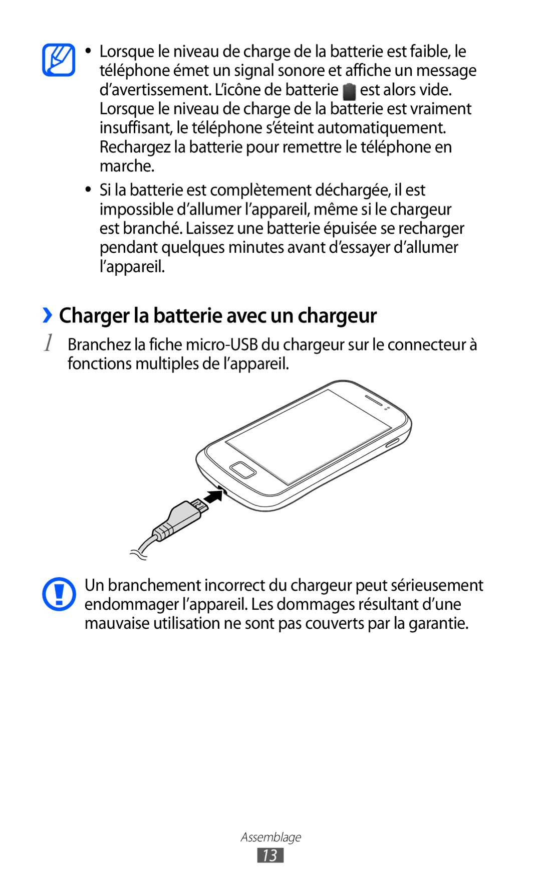 Samsung GT-S6500XKAFTM, GT-S6500HAAXEF, GT-S6500XKSNRJ, GT-S6500ZYAXEF, GT-S6500ZYAFTM ››Charger la batterie avec un chargeur 