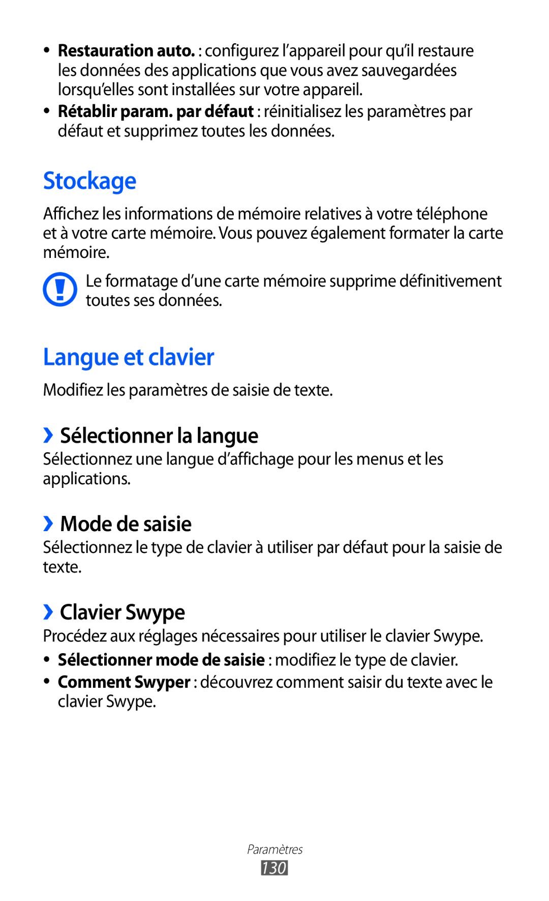 Samsung GT-S6500XKAFTM manual Stockage, Langue et clavier, ››Sélectionner la langue, ››Mode de saisie, ››Clavier Swype 