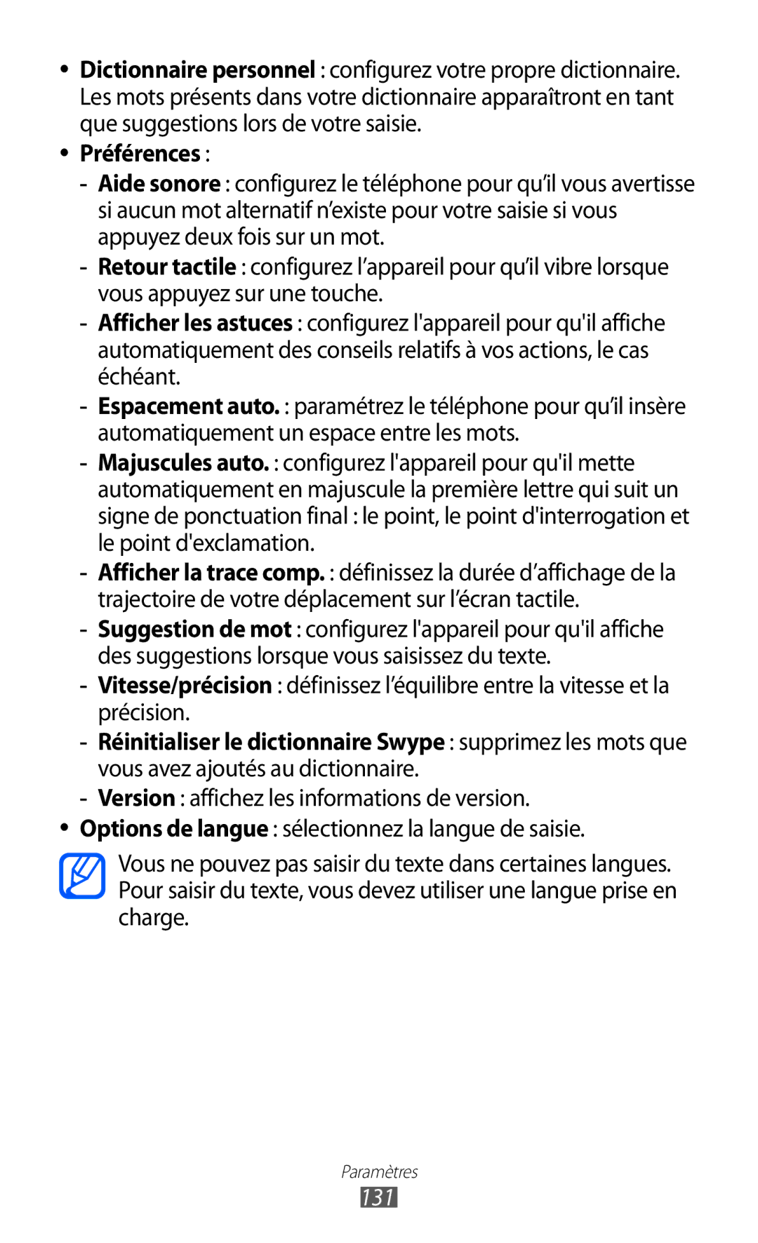Samsung GT-S6500XKSXEF, GT-S6500HAAXEF, GT-S6500XKSNRJ, GT-S6500ZYAXEF, GT-S6500ZYAFTM, GT-S6500XKAFTM manual Préférences, 131 