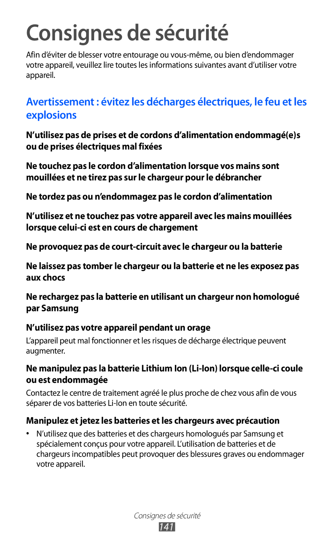 Samsung GT-S6500HAASFR, GT-S6500HAAXEF, GT-S6500XKSNRJ, GT-S6500ZYAXEF, GT-S6500ZYAFTM manual Consignes de sécurité, 141 