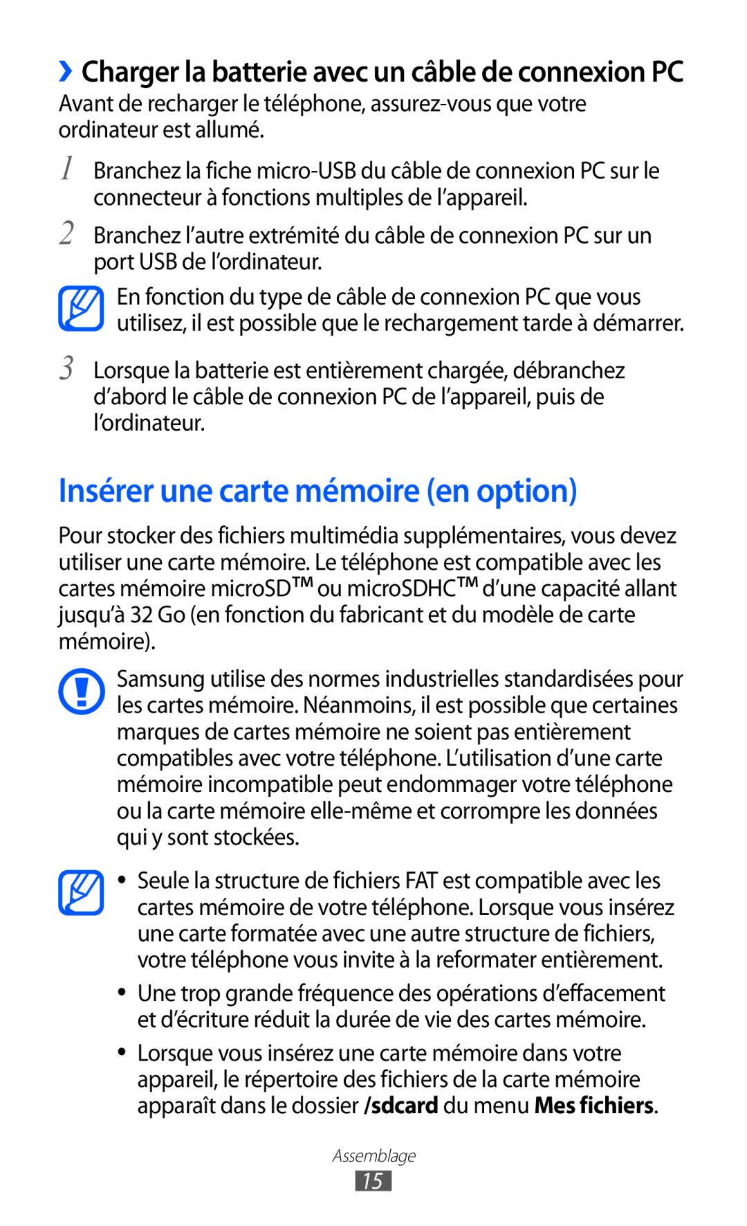 Samsung GT-S6500HAASFR manual Insérer une carte mémoire en option, ››Charger la batterie avec un câble de connexion PC 