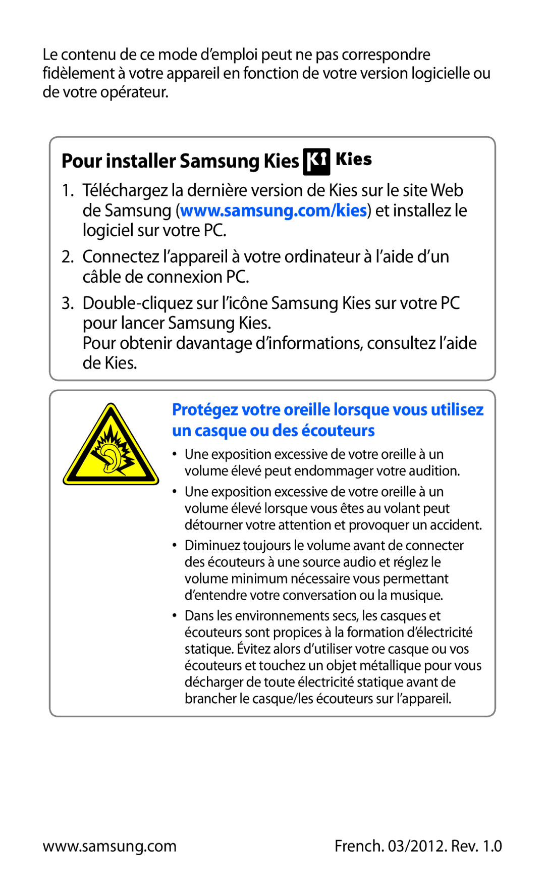 Samsung GT-S6500ZYASFR, GT-S6500HAAXEF, GT-S6500XKSNRJ, GT-S6500ZYAXEF, GT-S6500ZYAFTM manual Pour installer Samsung Kies 