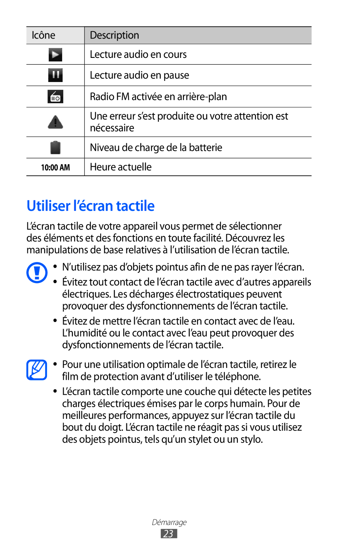 Samsung GT-S6500XKSXEF manual Utiliser l’écran tactile, Nécessaire, Niveau de charge de la batterie, Heure actuelle 