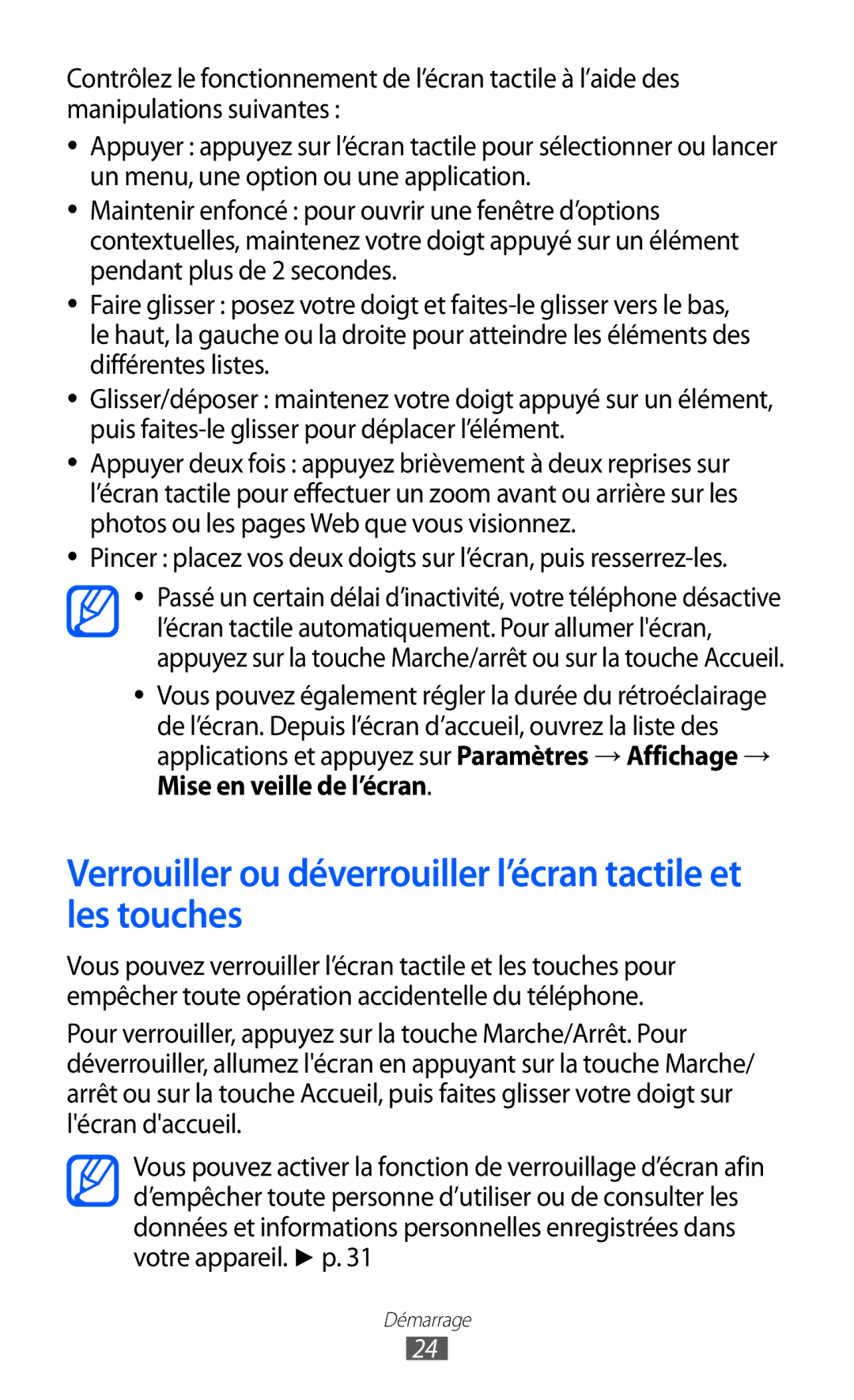 Samsung GT-S6500HAASFR, GT-S6500HAAXEF, GT-S6500XKSNRJ manual Verrouiller ou déverrouiller l’écran tactile et les touches 