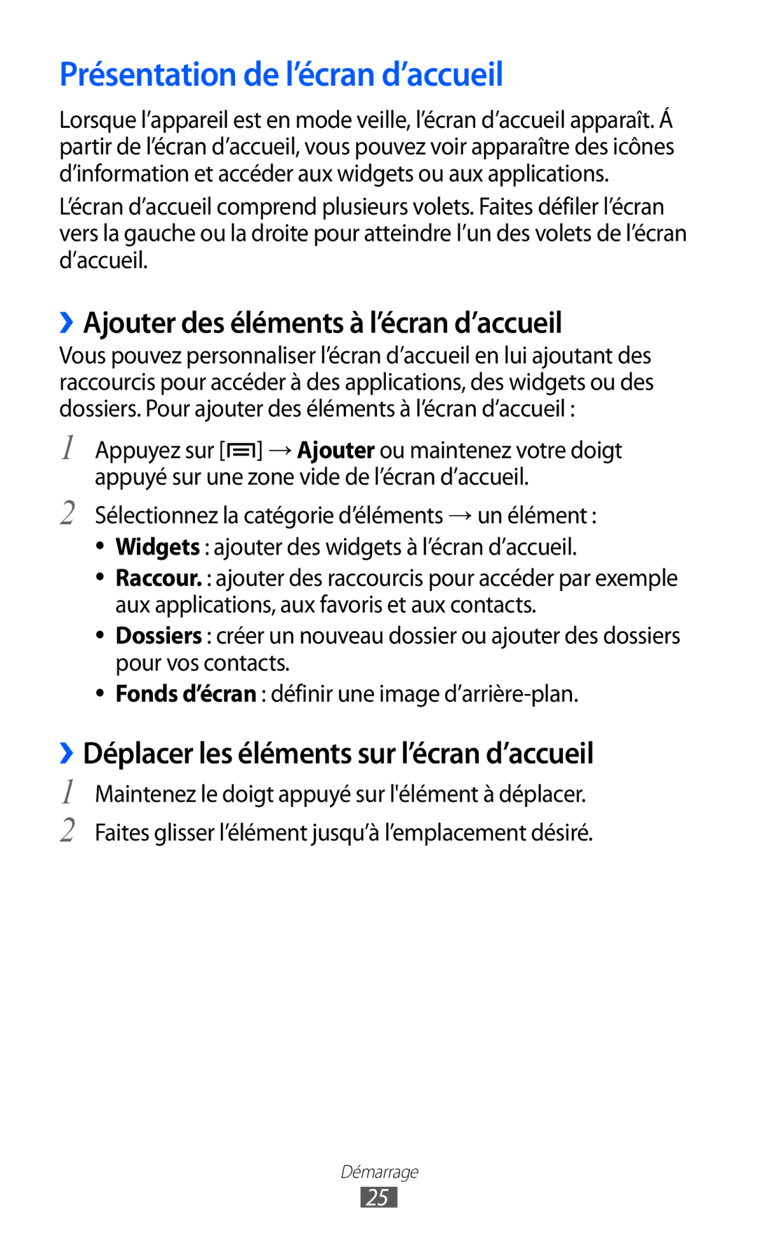 Samsung GT-S6500ZYASFR, GT-S6500HAAXEF manual Présentation de l’écran d’accueil, ››Ajouter des éléments à l’écran d’accueil 