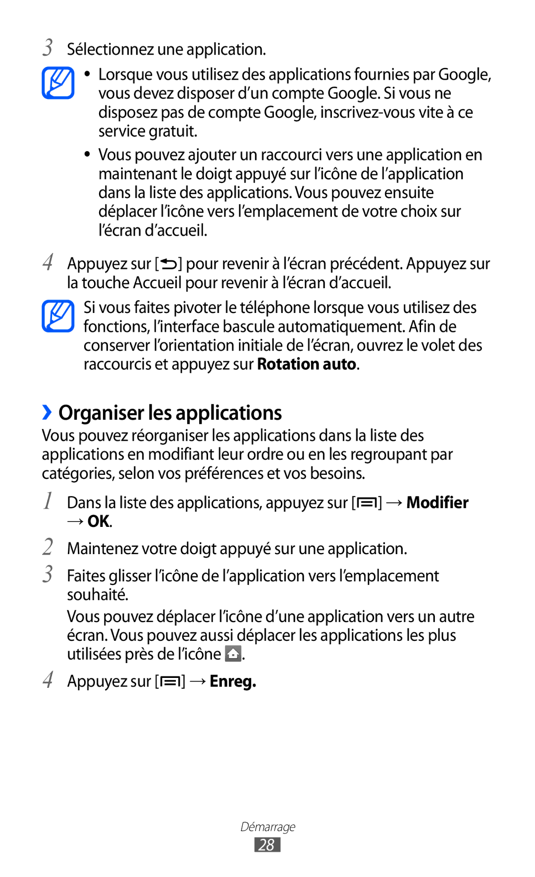 Samsung GT-S6500XKSNRJ, GT-S6500HAAXEF, GT-S6500ZYAXEF, GT-S6500ZYAFTM, GT-S6500XKAFTM manual ››Organiser les applications 