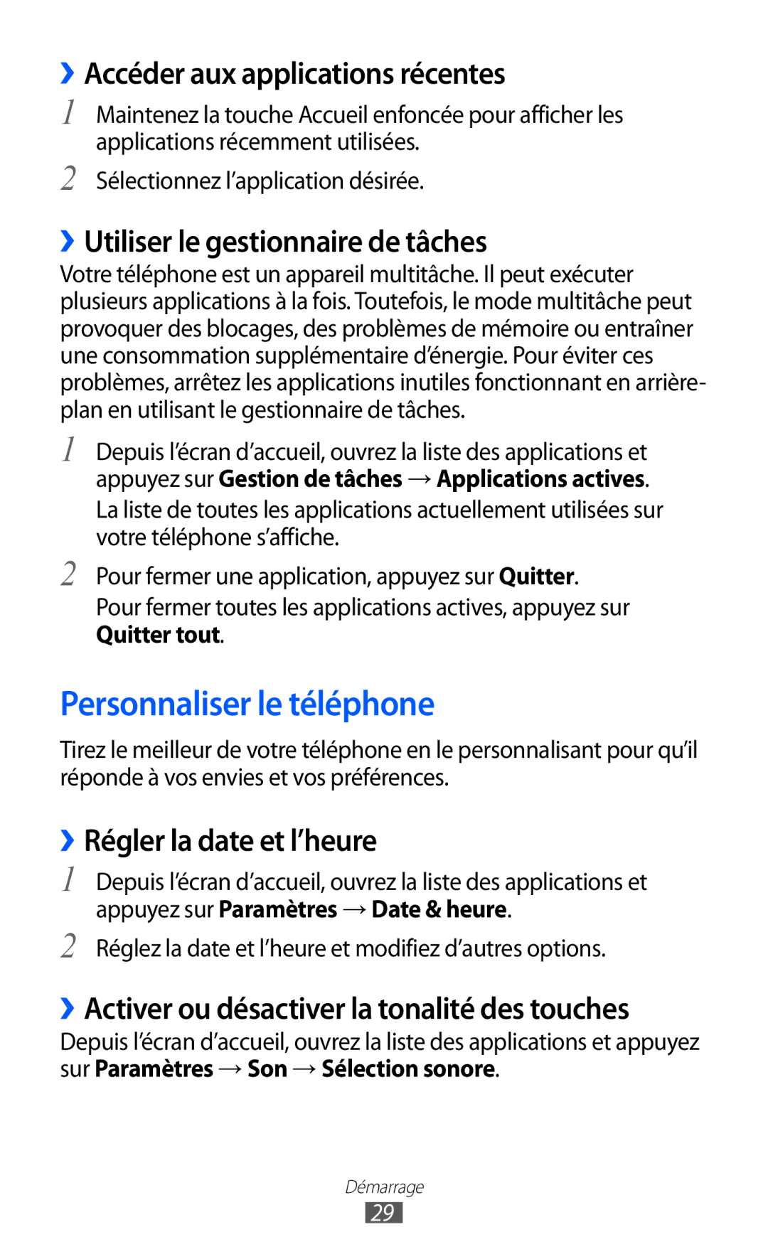 Samsung GT-S6500ZYAXEF manual Personnaliser le téléphone, ››Accéder aux applications récentes, ››Régler la date et l’heure 